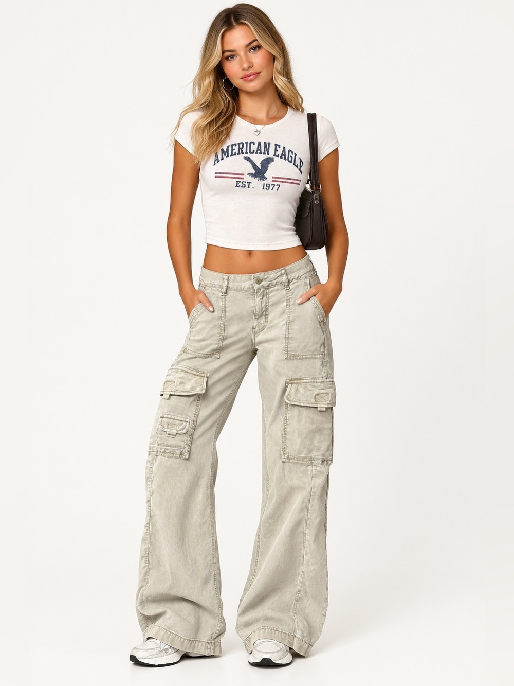 American Eagle Beige Wide-Leg Cargo Pants Ladies sz 6 Y2K Lyocell streetwear 90s